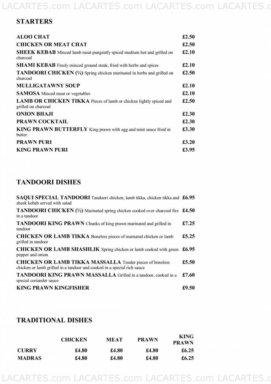  Pricelists of Saqui Tandoori Restaurant 97 Banstead Road - Photo 1 of 5