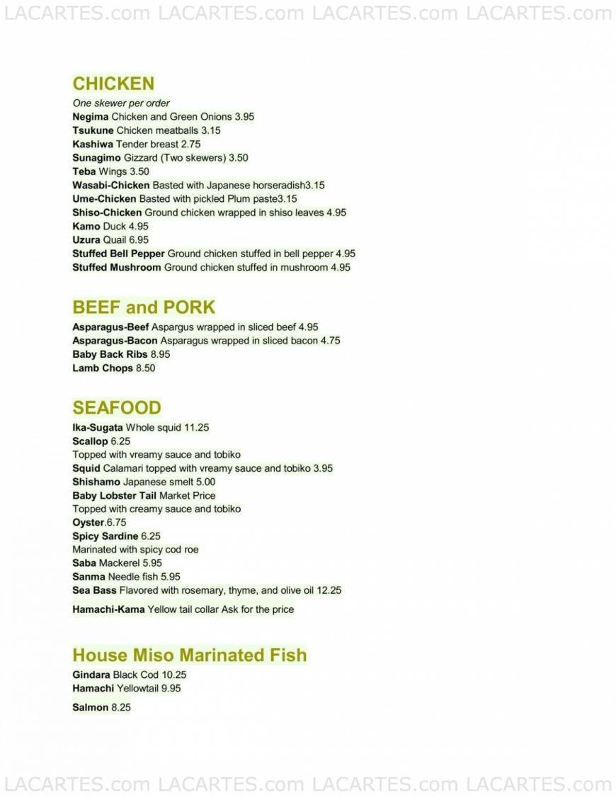  Pricelists of Kirala Sushi Bar & Robata Grill 2100 Ward St - Photo 1 of 10