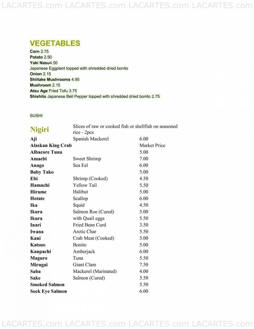  Pricelists of Kirala Sushi Bar & Robata Grill 2100 Ward St - Photo 2 of 10