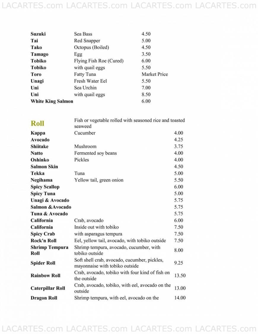  Pricelists of Kirala Sushi Bar & Robata Grill 2100 Ward St - Photo 3 of 10