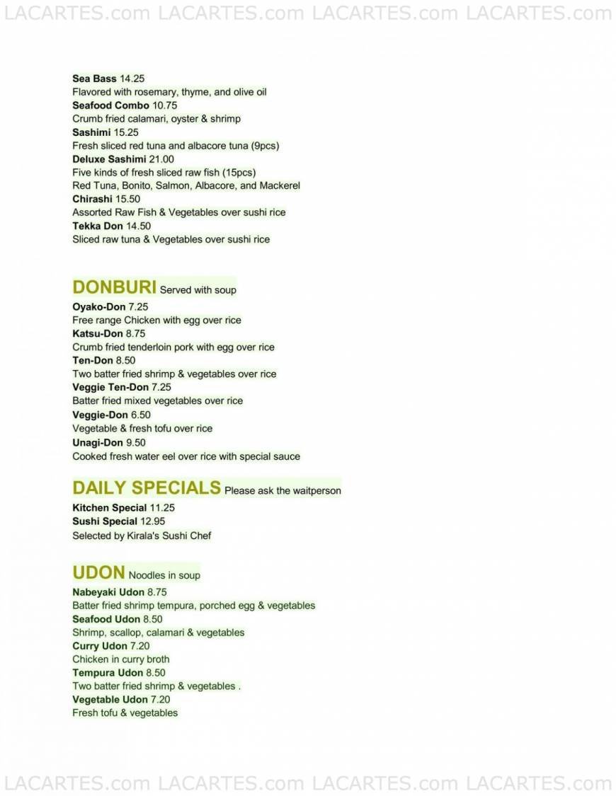  Pricelists of Kirala Sushi Bar & Robata Grill 2100 Ward St - Photo 5 of 10