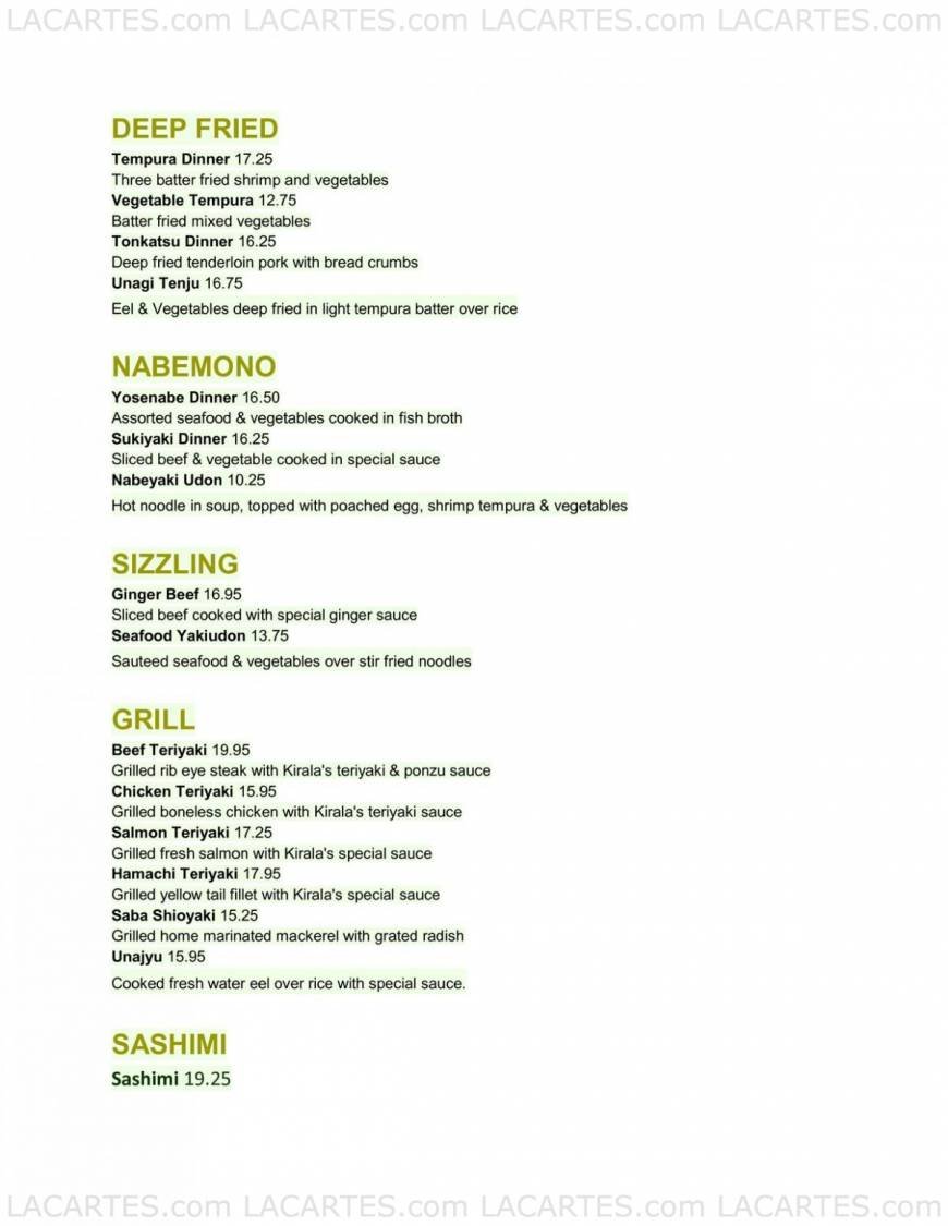  Pricelists of Kirala Sushi Bar & Robata Grill 2100 Ward St - Photo 7 of 10