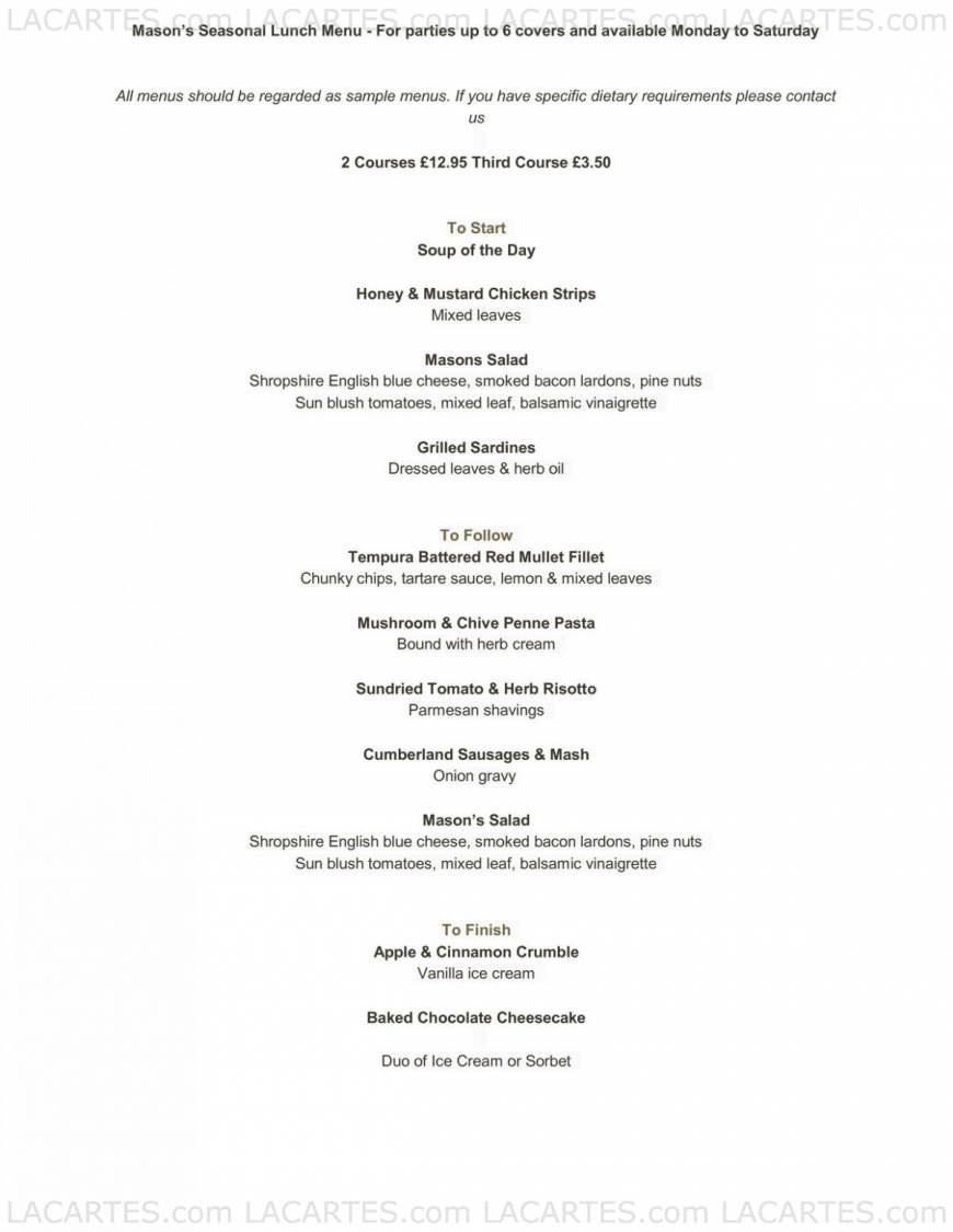  Pricelists of Mason's Restaurant in Brentwood 155 - 157 Ingrave Road    - Photo 1 of 17