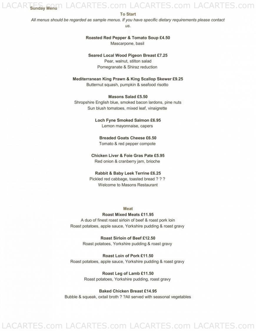  Pricelists of Mason's Restaurant in Brentwood 155 - 157 Ingrave Road    - Photo 10 of 17