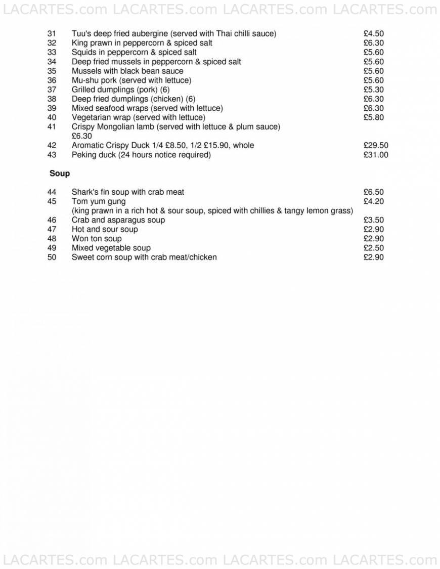  Pricelists of Tuu Restaurant 1 St. Johns Rd St Johns - Photo 23 of 27