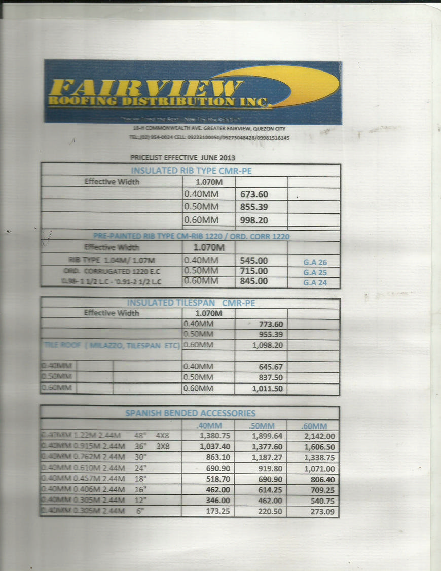  Pricelists of FAIRVIEW ROOFING DISTRIBUTION INC. Unit 2 LGF Commonwealth Ave. Brgy Holy Spirit - Photo 1 of 2