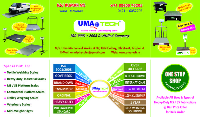  Profile Photos of Umatech Weighing Scales in Tirupur, Tamilnadu, INDIA No.1 Electronic Weighing Scales Manufacturer, 39, KPN Colony, 5th Street, Tiruppur Main, Tirupur - 641601 - Photo 10 of 30