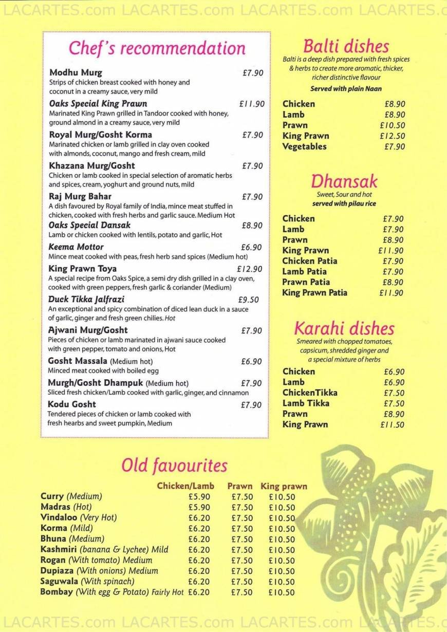  Pricelists of The Oaks Spice Restaurant - Sevenoaks 107 London Road - Photo 2 of 6