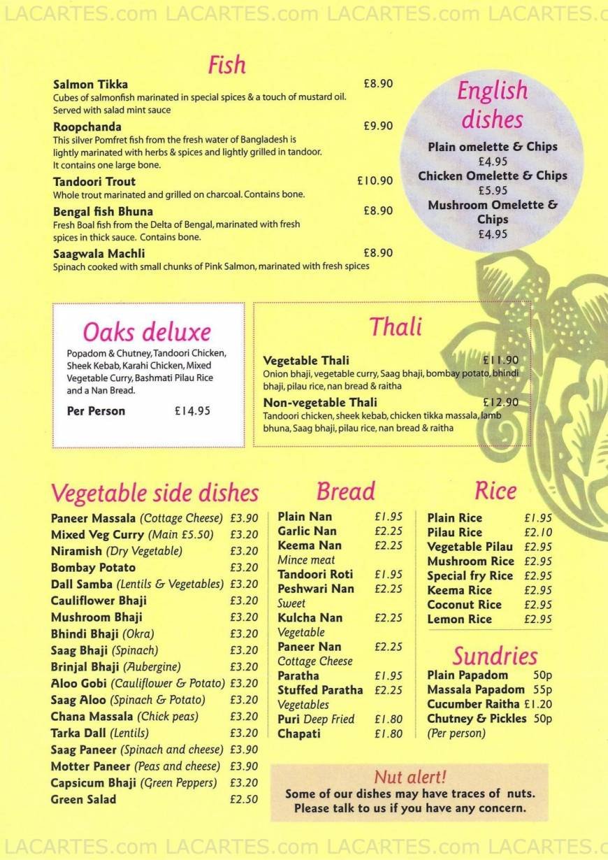  Pricelists of The Oaks Spice Restaurant - Sevenoaks 107 London Road - Photo 3 of 6