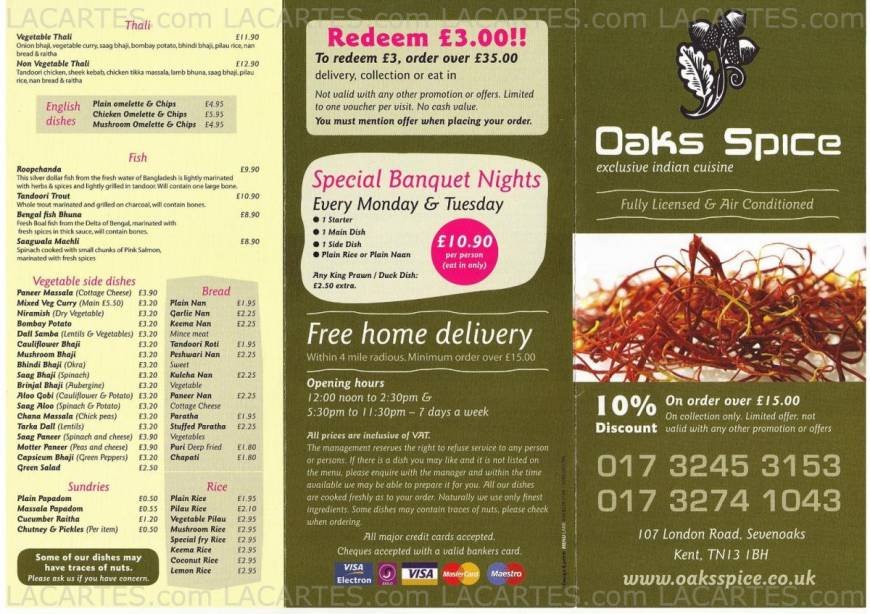 Pricelists of The Oaks Spice Restaurant - Sevenoaks 107 London Road - Photo 4 of 6
