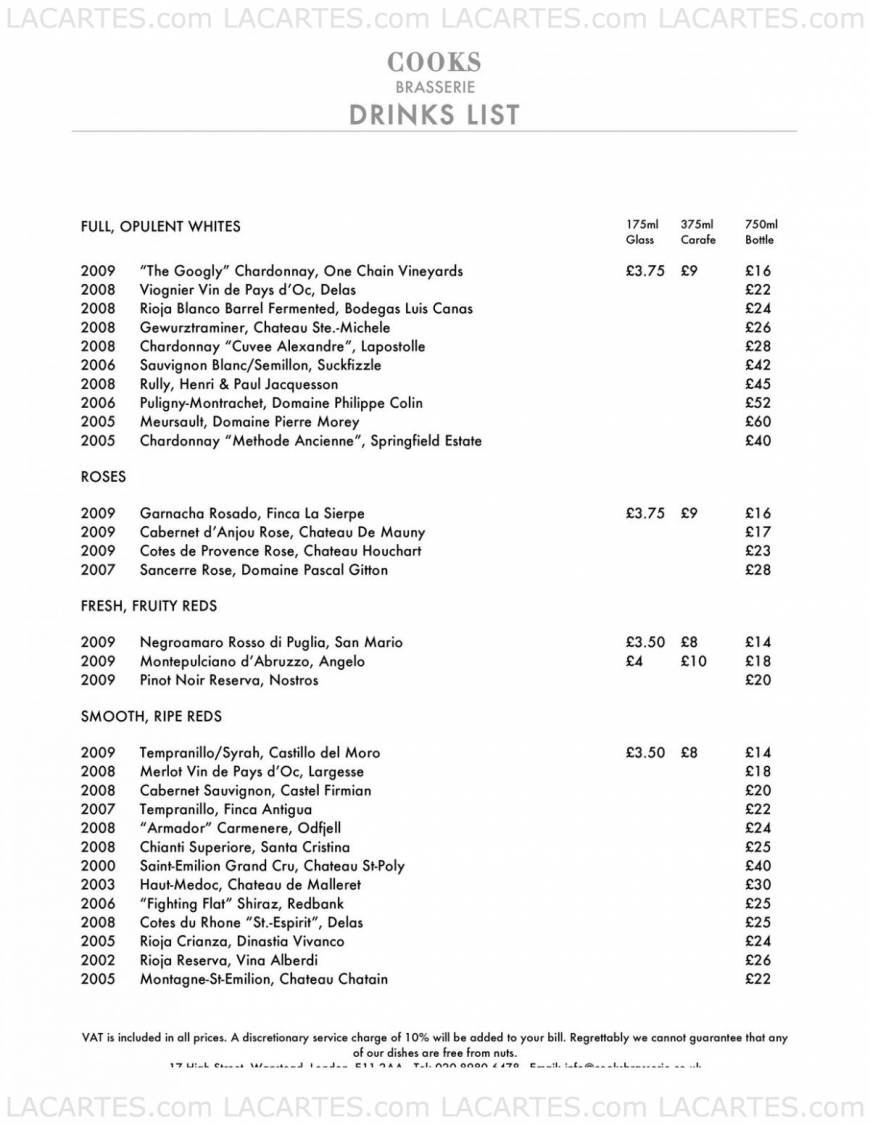  Pricelists of Cooks Brasserie 17 High Street Wanstead  - Photo 8 of 9