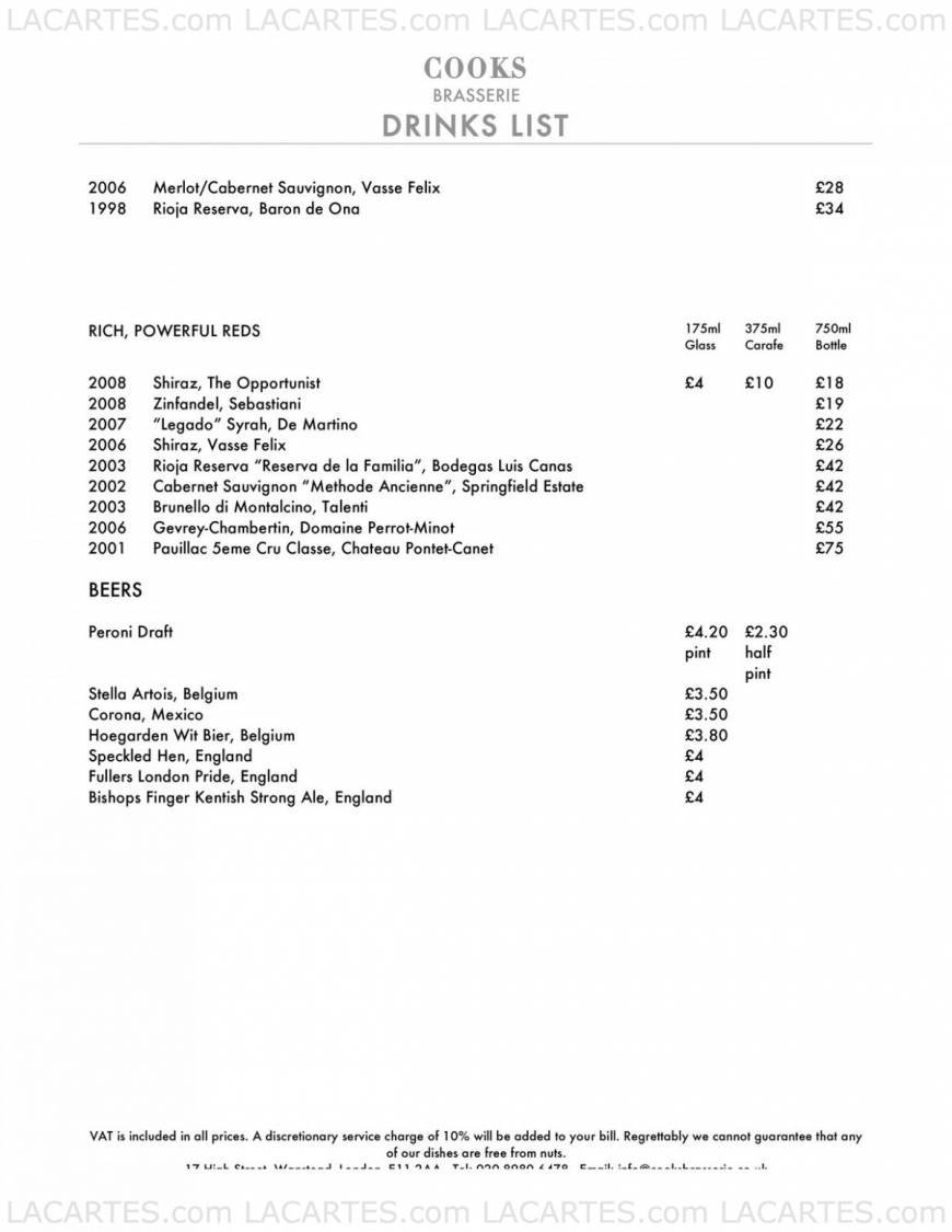  Pricelists of Cooks Brasserie 17 High Street Wanstead  - Photo 9 of 9