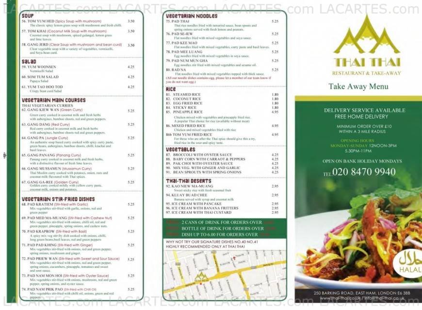  Pricelists of THAI-THAI RESTAURANT & TAKE-AWAY 250 BARKING ROAD, EAST HAM - Photo 2 of 2