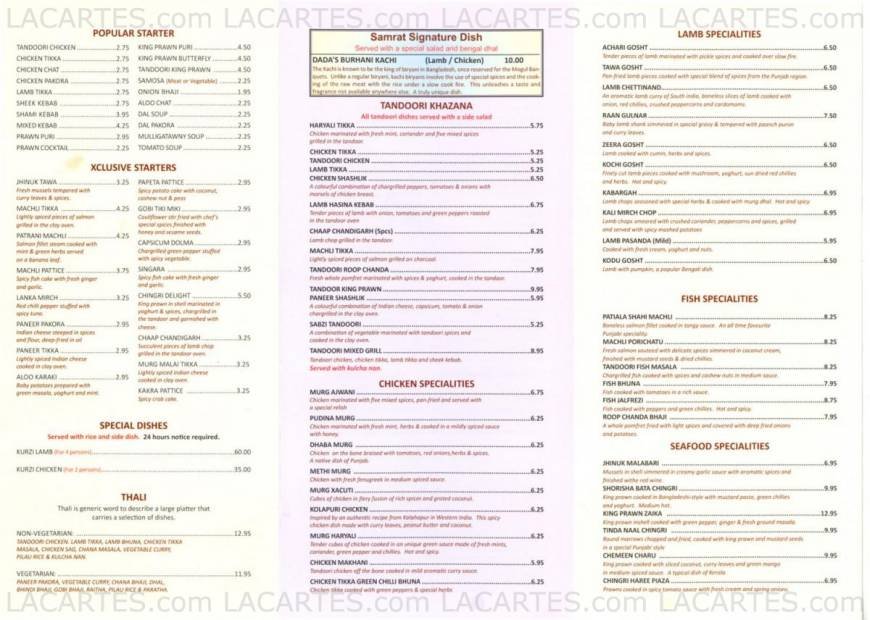 Pricelists of Samrat Tandoori Restaurant 320-322 Barking Road  Plaistow - Photo 1 of 1