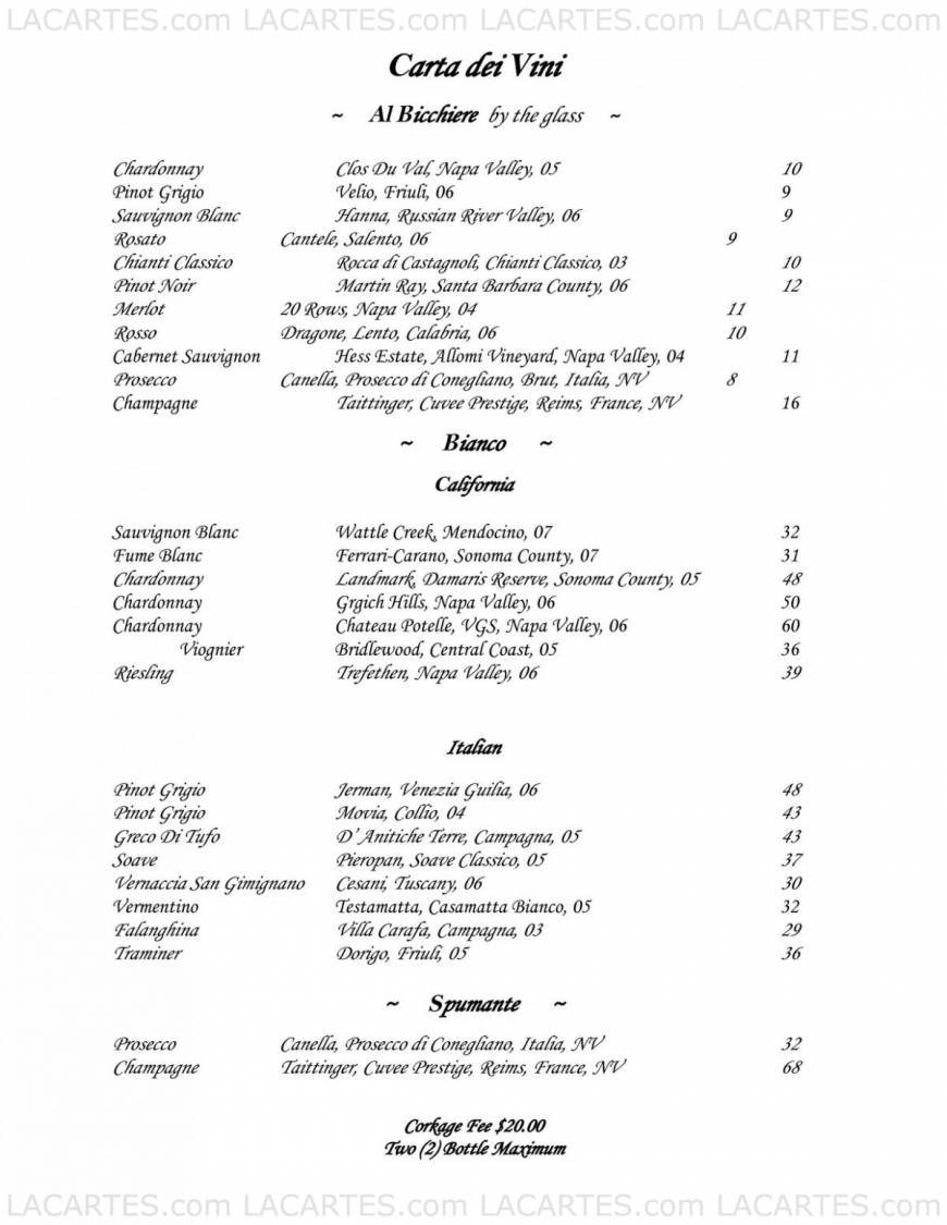  Pricelists of Venticello Ristorante 1257 Taylor Street - Photo 1 of 4