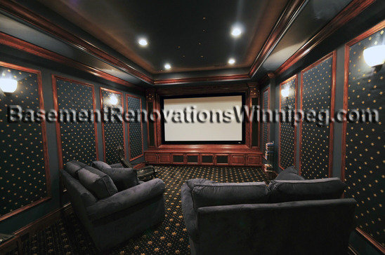 Home Theatre. After Basement Remodeling. Projector Screen and Nice Seats. Elegant Home Theatre Basement Profile Photos of Basement Renovations Winnipeg 55 Smithurst St. - Photo 4 of 5