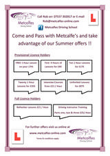 Menus & Prices, Metcalfe's Driving School, Colchester
