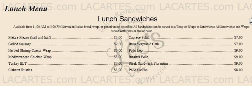 Pricelists of Leo's Italian Restaurant & Pizzeria - Wappiner, NY Stadium Plaza, Rt 9D - Photo 1 of 5