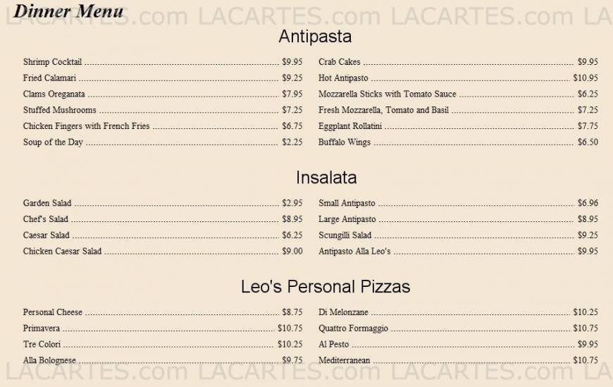  Pricelists of Leo's Italian Restaurant & Pizzeria - Wappiner, NY Stadium Plaza, Rt 9D - Photo 2 of 5