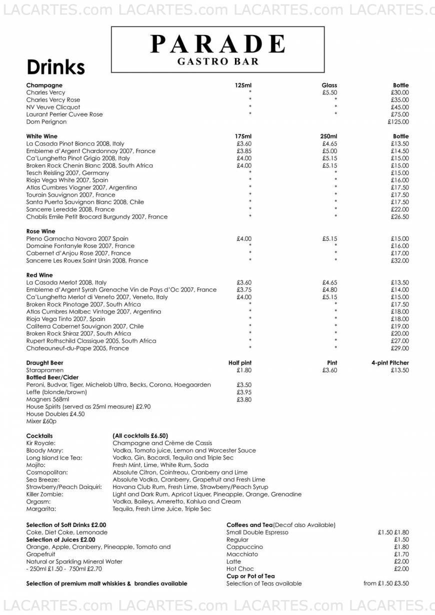  Pricelists of ParadeÂ Gastro Bar 17 Electric Parade, George Lane, South Woodford - Photo 2 of 2