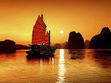 Ha-Long, Vietnam --- Junk in the sea of Halong Bay, a UNESCO World Natural Heritage Site, Karst mountains, romantic sunset, image composition, Vietnam, Asia --- Image by Â© Gerhard Zwerger-Schoner/imagebroker/Corbis, Halong Bay Cruises, Hanoi