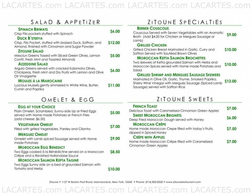  Pricelists of Zitoune Restaurant - NY 1127 W. Boston Post Rd. - Photo 19 of 25