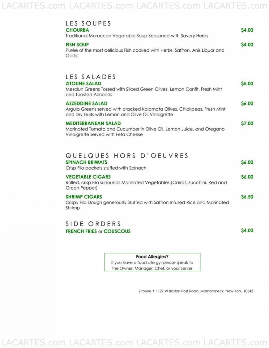  Pricelists of Zitoune Restaurant - NY 1127 W. Boston Post Rd. - Photo 18 of 25