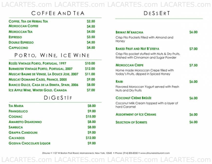  Pricelists of Zitoune Restaurant - NY 1127 W. Boston Post Rd. - Photo 15 of 25