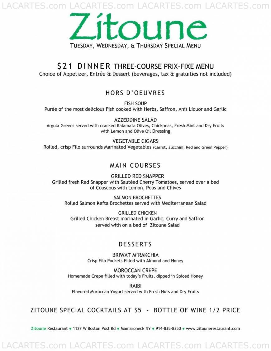 Pricelists of Zitoune Restaurant - NY 1127 W. Boston Post Rd. - Photo 6 of 25