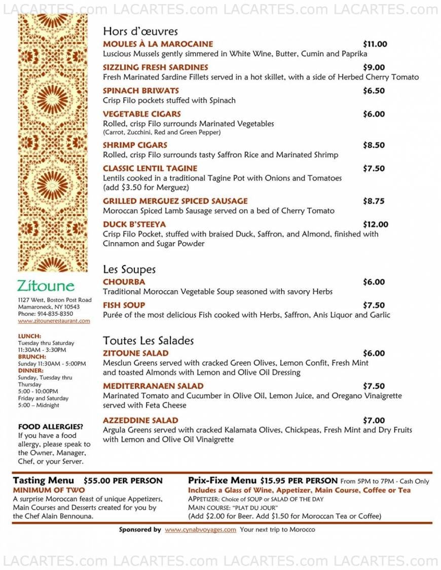  Pricelists of Zitoune Restaurant - NY 1127 W. Boston Post Rd. - Photo 5 of 25