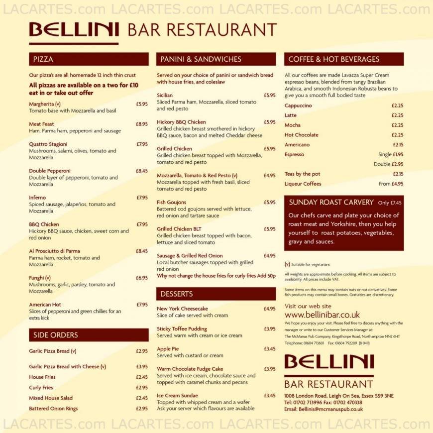  Pricelists of Bellini Bar and Restaurant 1008 - 1012 London Rd - Photo 2 of 4