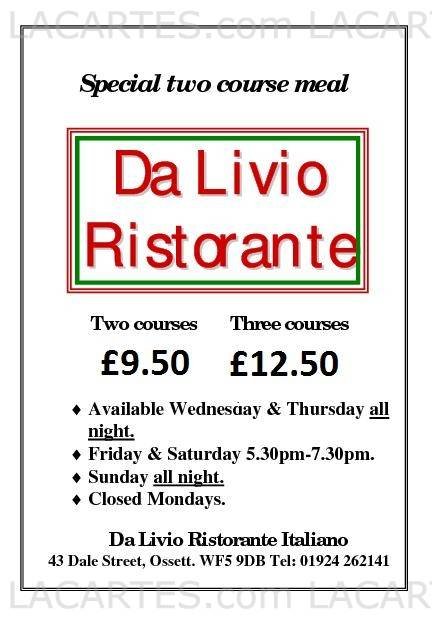  Pricelists of Da Livio Italian Restaurant Wakefield 43 Dale Street - Photo 1 of 12