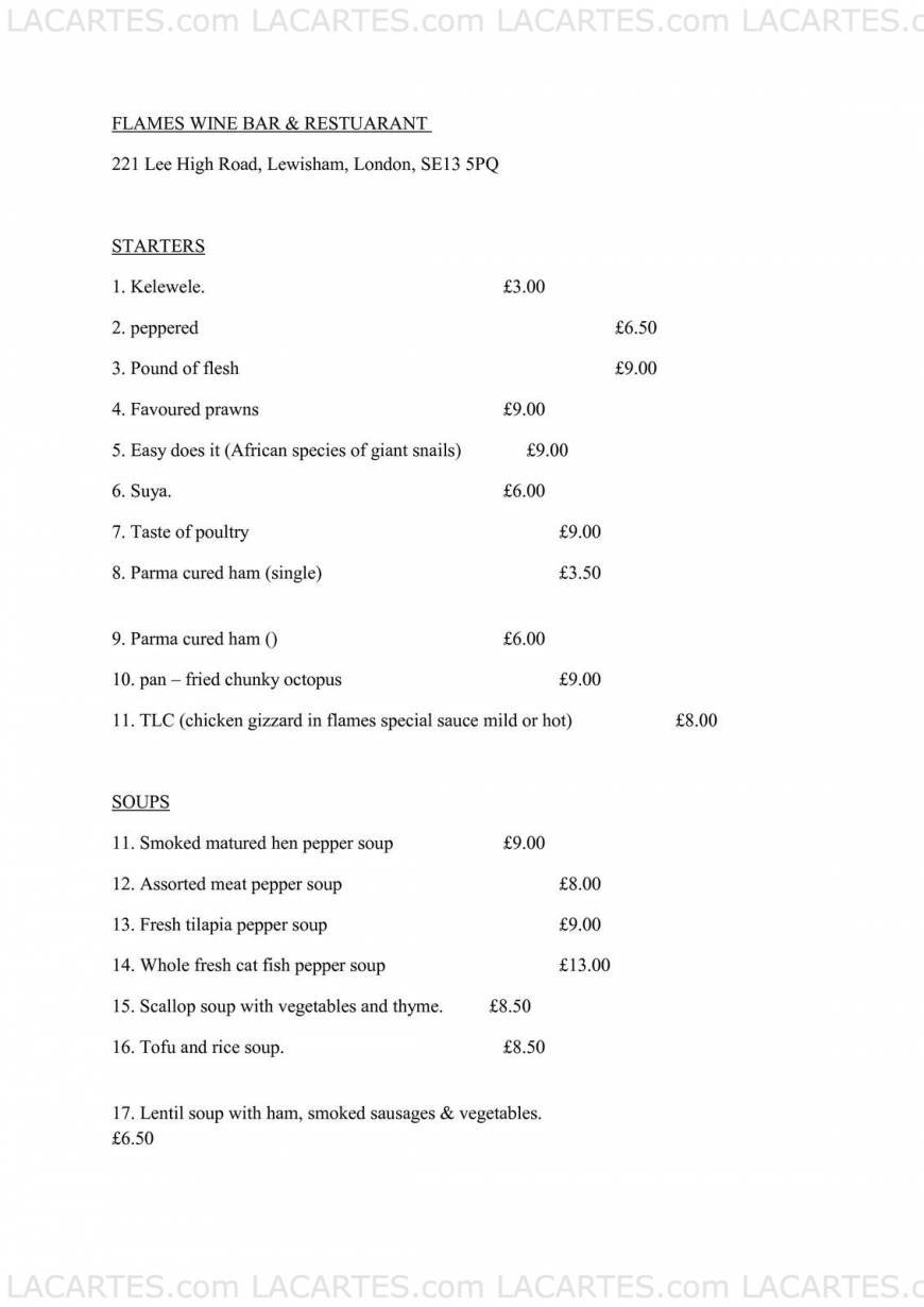  Pricelists of Flames Wine Bar & Restaurant 221 Lee High Rd Lewiham - Photo 1 of 5