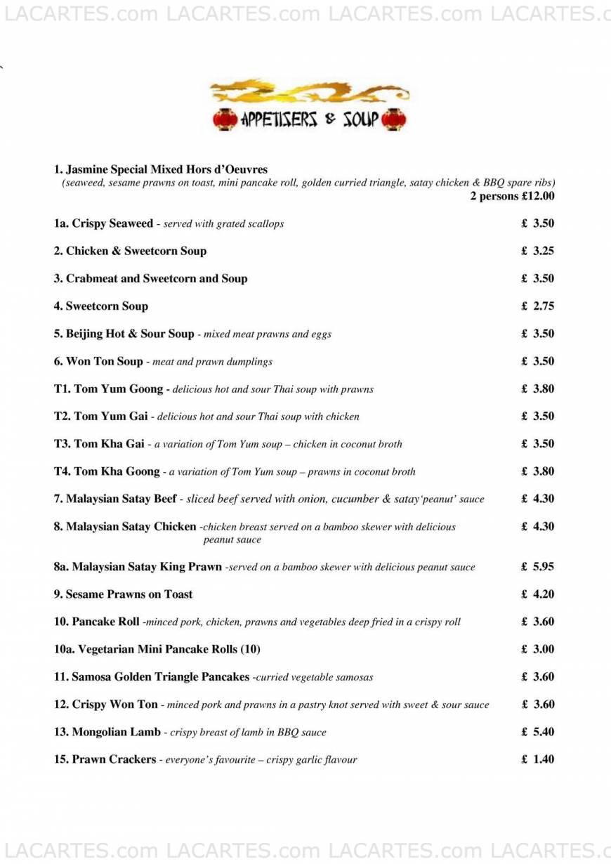  Pricelists of The Jasmine Chinese Restaurant - Kingsbridge 115 Fore Street - Photo 1 of 11