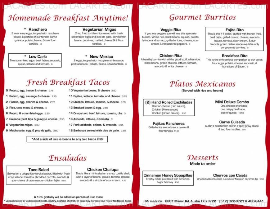  Pricelists of Mi Madre's Restaurant 2201 Manor Road, Austin - Photo 1 of 1
