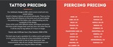 Menus & Prices, Plan9Ealing - Tattoo and Piercing Studio, Ealing