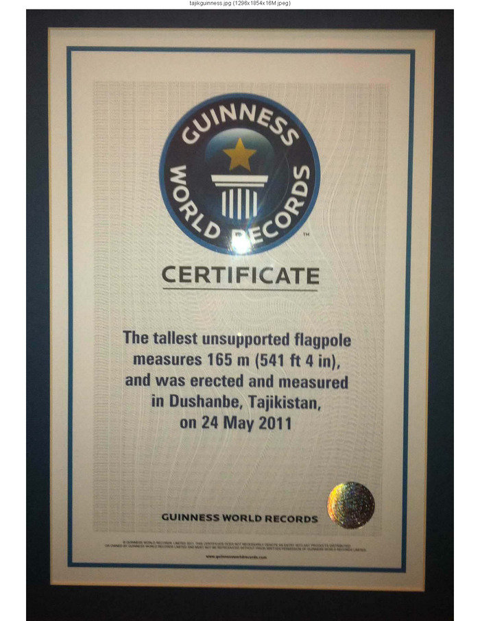 Dushanbe Guinness certificate World records Dushanbe - Tajikistan 165 m  of Veth Consulting Al Wahda street - Photo 1 of 4