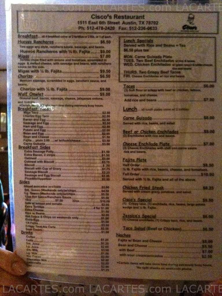  Pricelists of Ciscoâ??s Restaurant and Bakery 1511 E 6th St - Photo 1 of 1