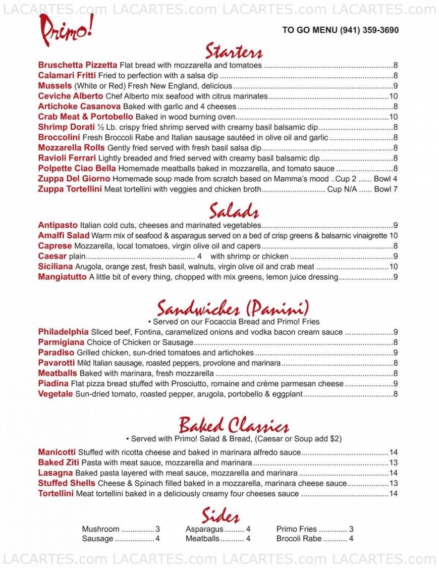  Pricelists of Primo Ristorante - FL 8076 N Tamiami Trl - Photo 1 of 2