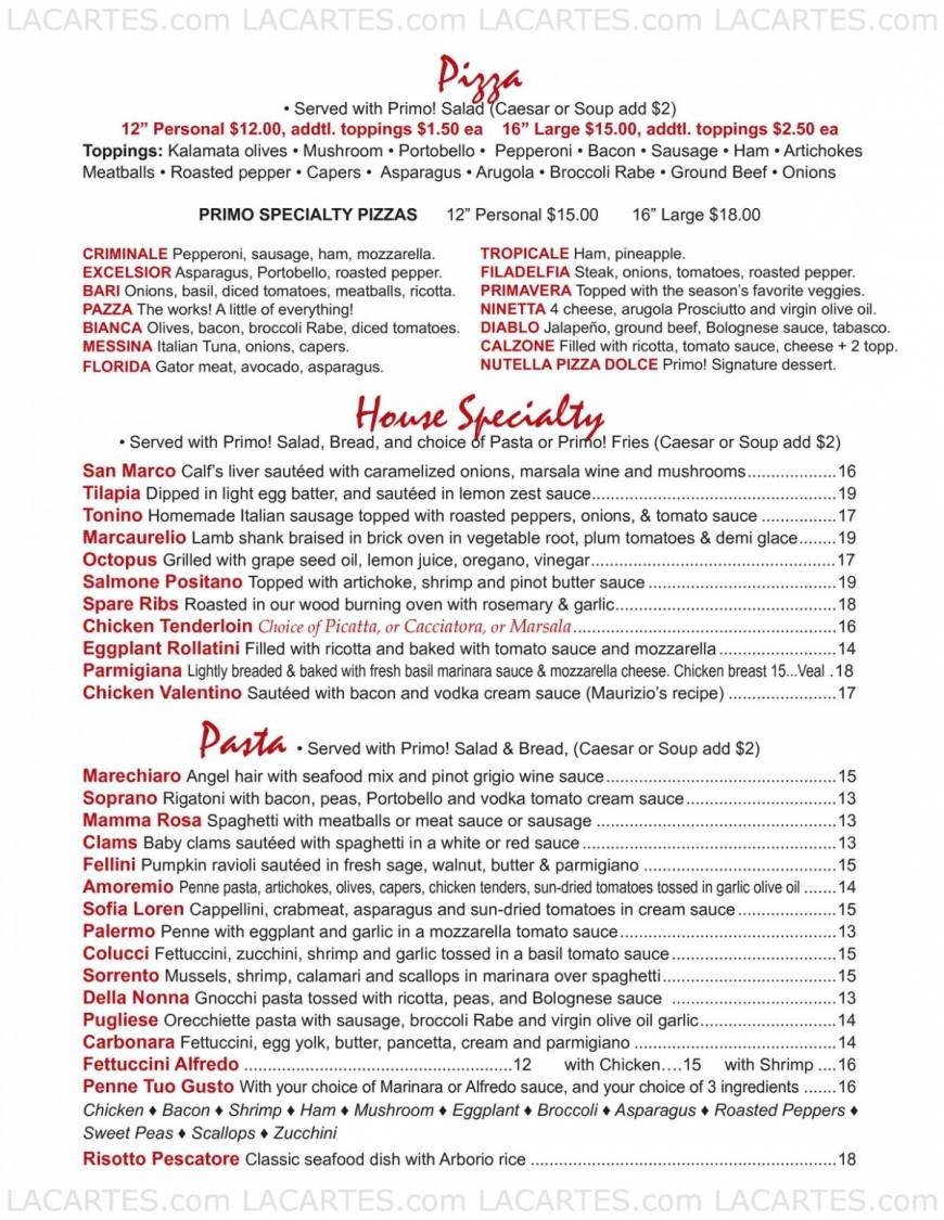  Pricelists of Primo Ristorante - FL 8076 N Tamiami Trl - Photo 2 of 2
