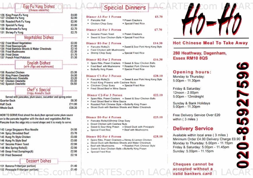  Pricelists of Ho Ho Chinese Takeaway Dagenham 280 Heathway - Photo 2 of 2