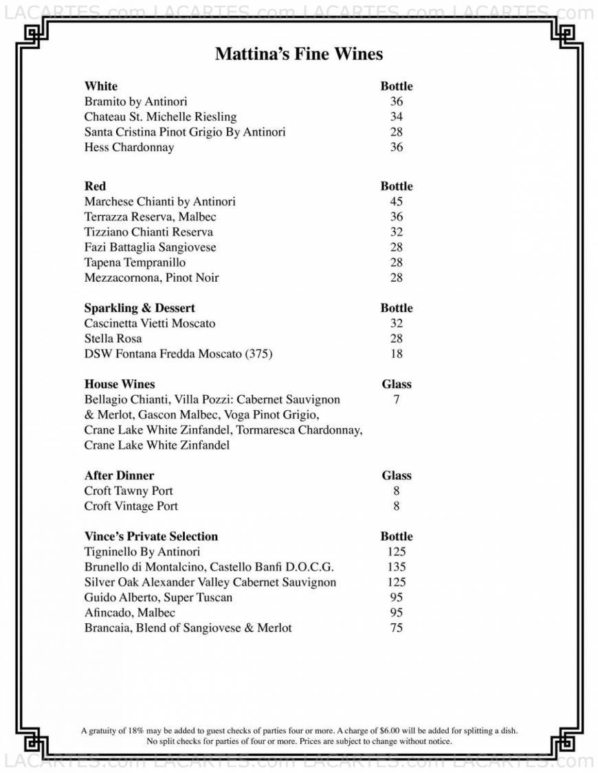  Pricelists of Mattina's Ristorante Italiano 318 E Oak St - Photo 3 of 3