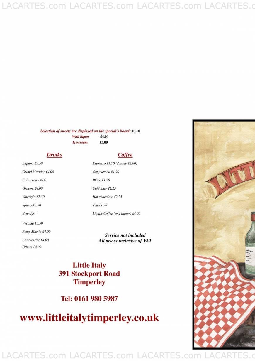  Pricelists of Little Italy Restaurant Timperley 391 Stockport Road    - Photo 1 of 5