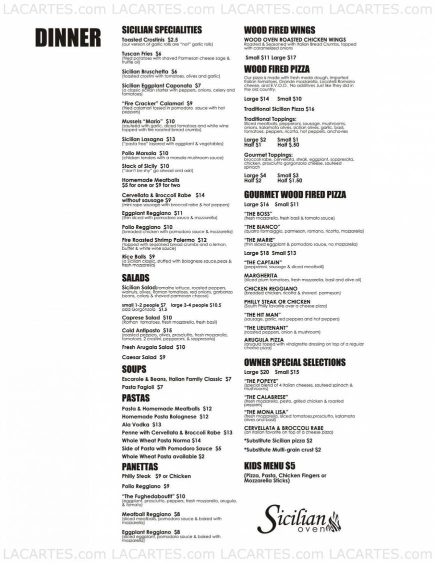  Pricelists of Sicilian Oven Restaurant - Coral Springs, FL 10140 West Sample Road - Photo 1 of 2