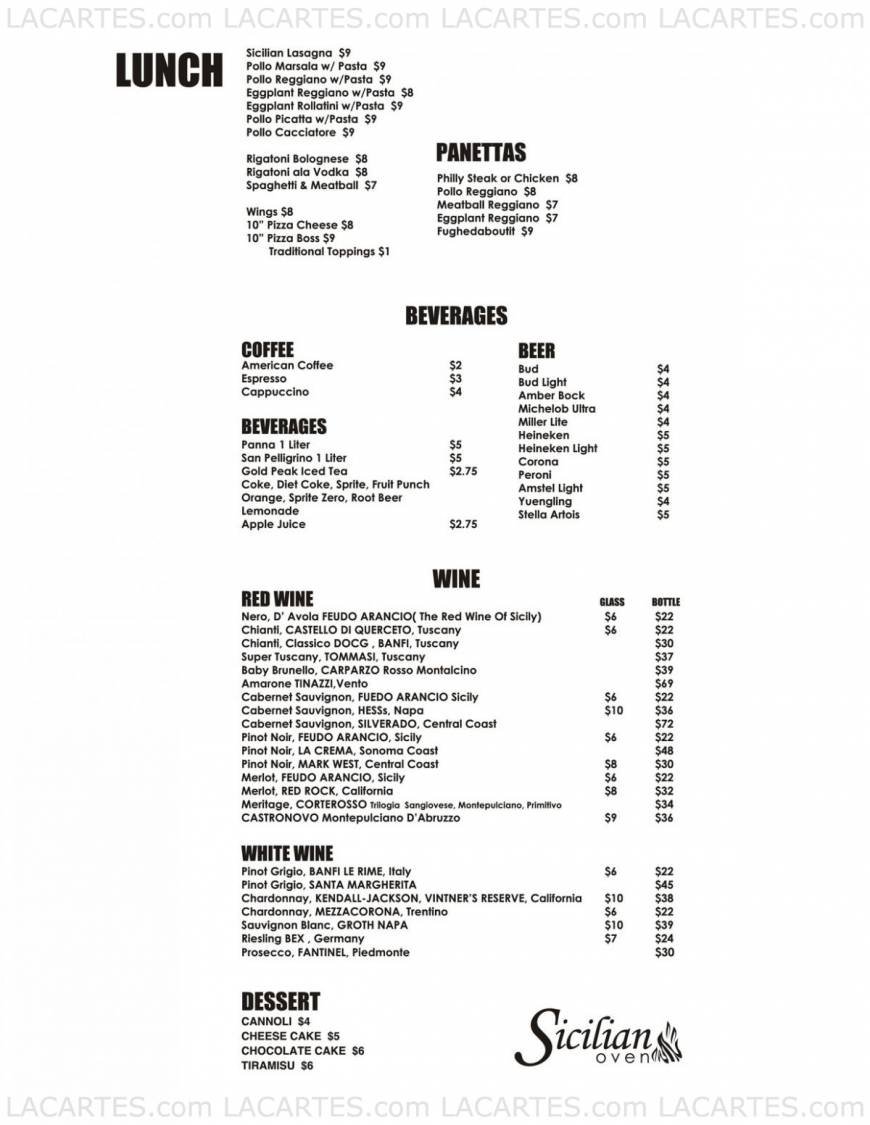  Pricelists of Sicilian Oven Restaurant - Coral Springs, FL 10140 West Sample Road - Photo 2 of 2