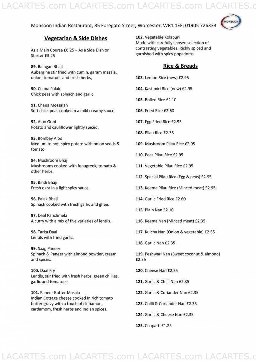  Pricelists of MONSOON INDIAN RESTAURANT 35 Foregate Street - Photo 5 of 7