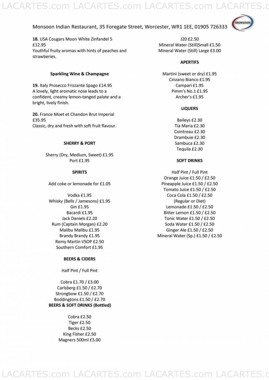  Pricelists of MONSOON INDIAN RESTAURANT 35 Foregate Street - Photo 7 of 7