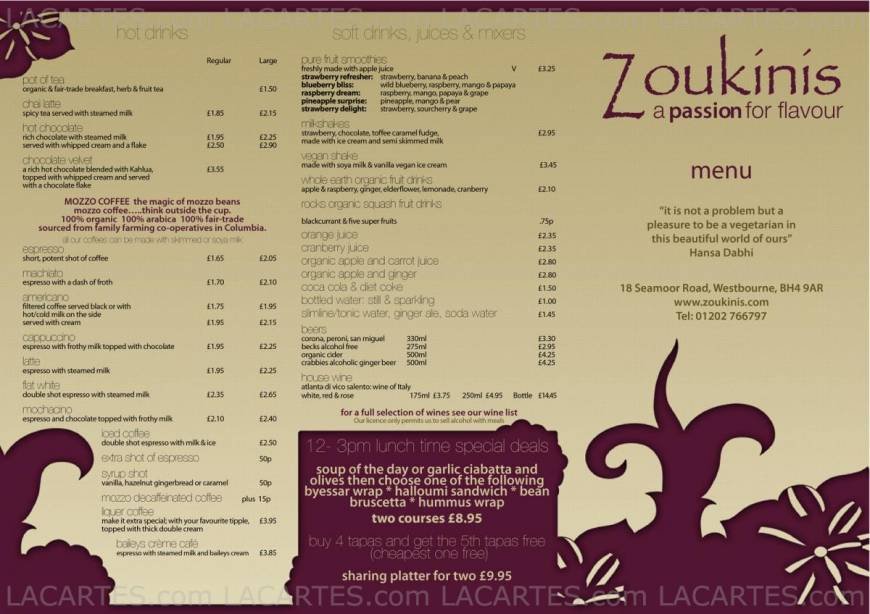  Pricelists of Zoukinis Vegetarian and Vegan Restaurant 18 Seamoor Road Westbourne - Photo 1 of 8