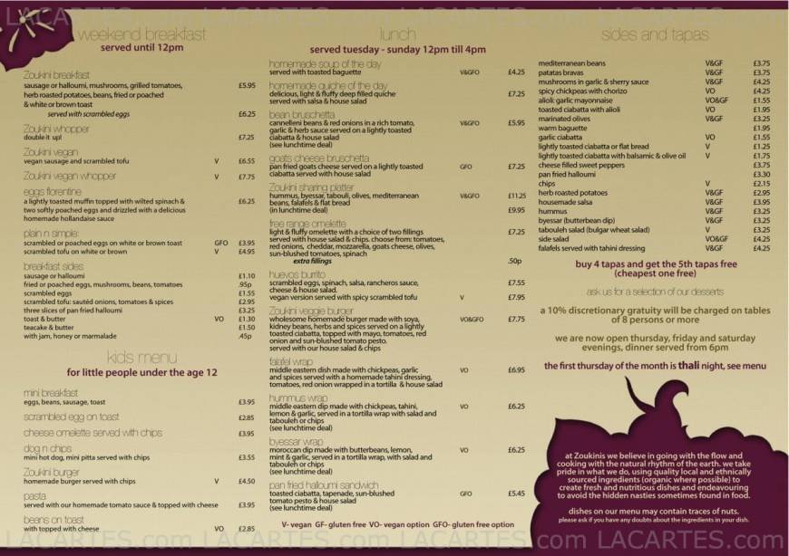  Pricelists of Zoukinis Vegetarian and Vegan Restaurant 18 Seamoor Road Westbourne - Photo 2 of 8