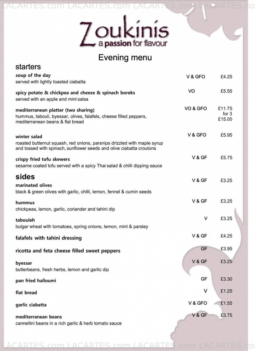  Pricelists of Zoukinis Vegetarian and Vegan Restaurant 18 Seamoor Road Westbourne - Photo 5 of 8
